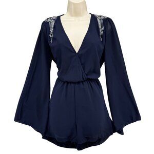 Akira Romper Womens Blue Gem Shoulder Long Bell Sleeve V Neck Size S